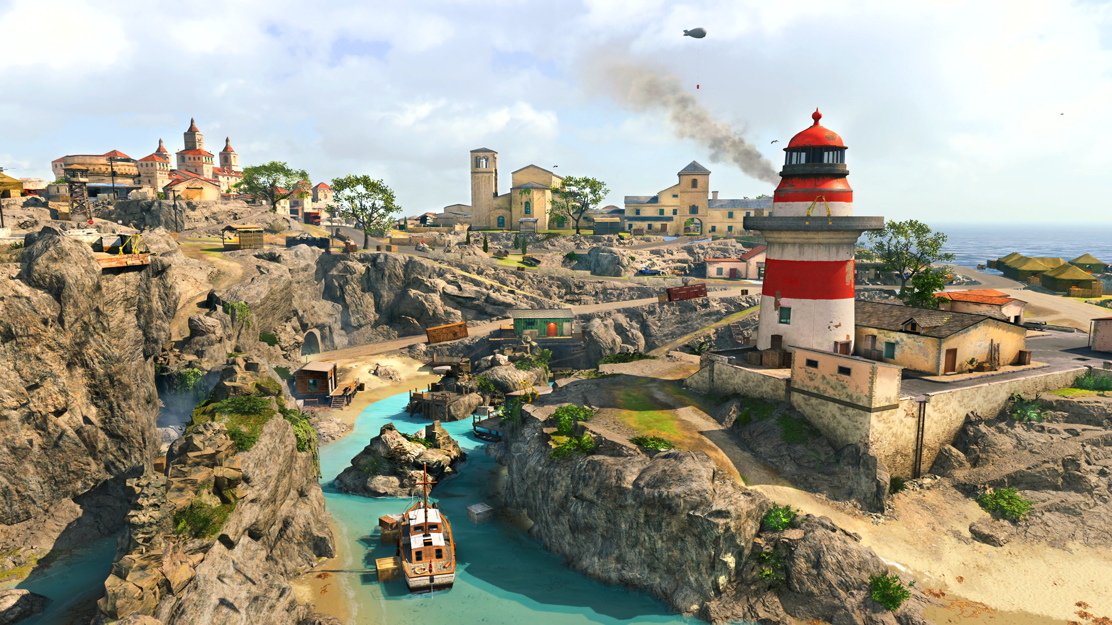 Captura de pantalla de Call of Duty Warzone que muestra el nuevo mapa Fortune's Keep (Torreón de la fortuna) con un faro rojo y blanco