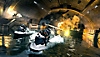 《決勝時刻：現代戰域》螢幕截圖，展示特戰兵騎乘噴射快艇式的載具穿過隧道競速