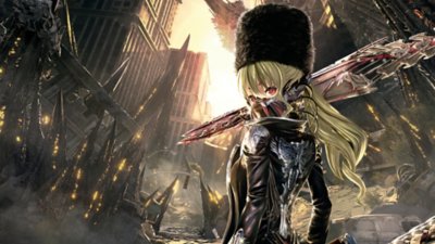 صورة فنية أساسية للعبة Code Vein تعرض شخصية تنظر بعينيها مع وجود مدينة مدمرة في الخلفية.