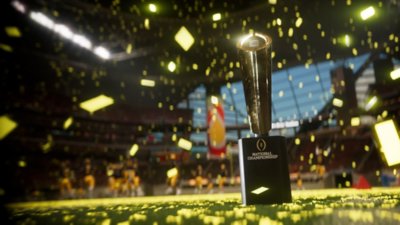 EA Sports College Football 25-Screenshot, der die Trophäe der nationalen Meisterschaften zeigt