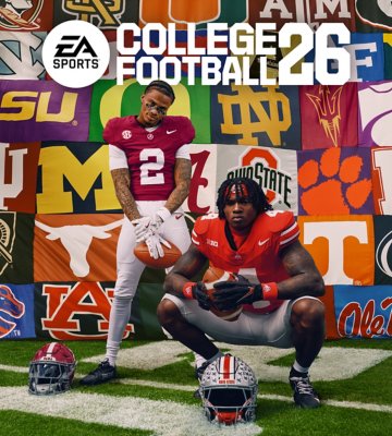 Captura de pantalla de EA Sports College Football 26 que muestra a dos jugadores posando frente a las banderas de la universidad