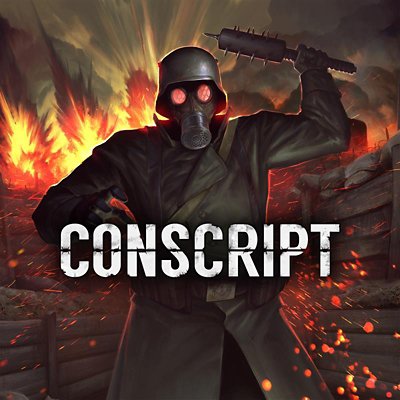 conscript store art featuring a red eye character with armour holding a weapon