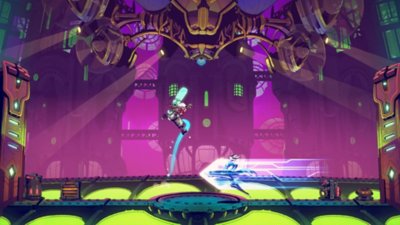 Convergence: A League of Legends Story screenshot showing Ekko leaping out of the way from a flying kick attack by Camille