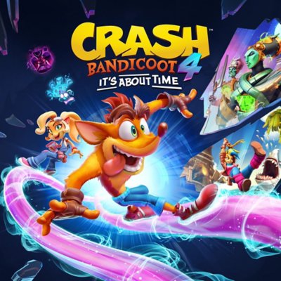 Arte principal de Crash Bandicoot 4: It's About Time incluyendo a los personajes principales Crash y Coco, surfeando a lo largo de una cinta rosa electrificada.