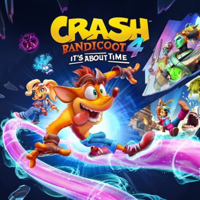 صورة غلاف Crash Bandicoot 4 It's About Time وفي وسطها Crash Bandicoot مُخرِجًا لسانه من فمه