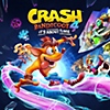 Crash Bandicoot 4 It’s About Time-borítókép, középen Crash Bandicoottal, amit nyelvet ölt