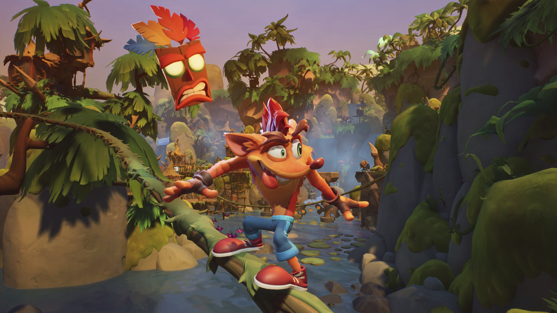 Crash Bandicoot 4: it's About Time – posnetek zaslona, v katerem Crash drsi skozi džunglo na drevesnem deblu.