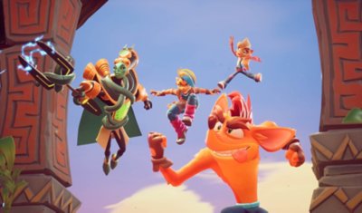Crash Team Rumble ekran görüntüsü, poz veren Crash Bandicoot ve üç takım arkadaşını gösteriyor