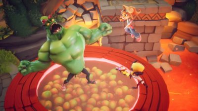 Crash Team Rumble ekran görüntüsü, dönüştürülmüş Dr N. Brio ile savaşan Coco ve Cortex’i gösteriyor