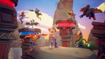 Crash Team Rumble ekran görüntüsü, savaşın ortasındaki sekiz karakteri gösteriyor