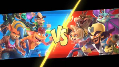 Captura de pantalla de Crash Team Rumble que muestra la pantalla de selección prepartida con el equipo de Crash contra el equipo de Coco