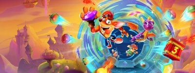 Crash Team Rumble sesong 3 – hovedillustrasjon av Crash Bandicoot og Spyro som flyr fra en blå portal