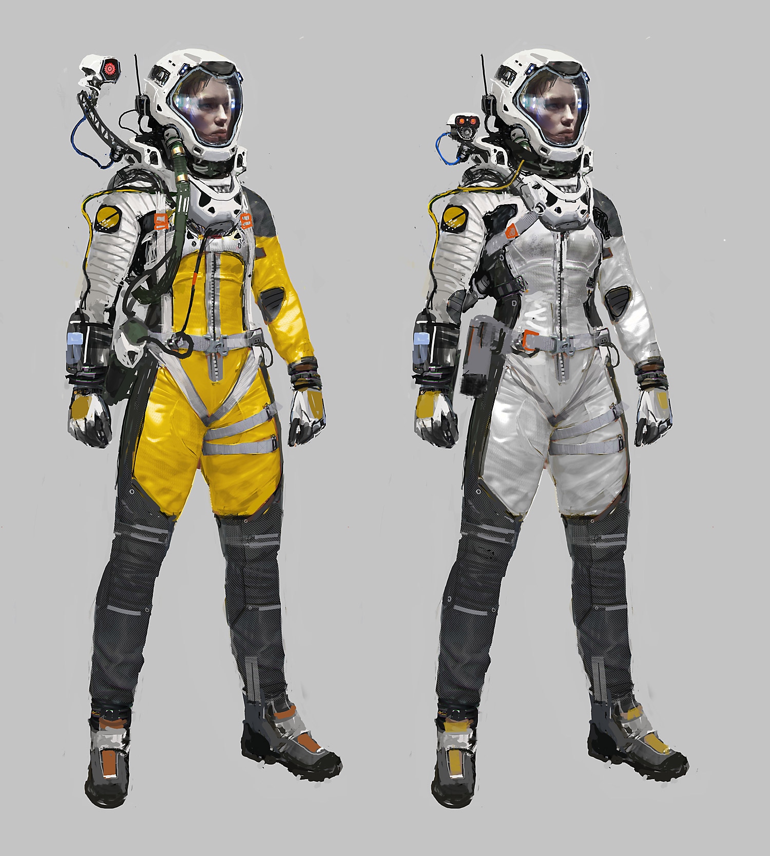 Grafika koncepcyjna głównej bohaterki gry Returnal, Selene Vassos, przedstawiająca dwa warianty jej skafandra kosmicznego.