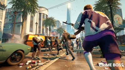 Captura de pantalla de Crime Boss: Rockay City que muestra personajes armados corriendo