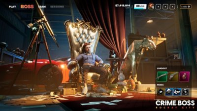 Snimak ekrana igre Crime Boss: Rockay City na kom je prikazano kako igračev lik sedi na tronu okružen novcem