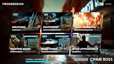 A Crime Boss: Rockay City képernyőképe a játékos fejlődésével kapcsolatos információkat mutatja a különböző tevékenységekre vonatkozóan