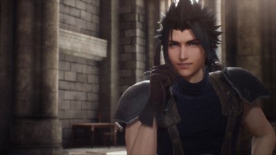 لقطة شاشة من Crisis Core Final Fantasy VII Reunion تعرض Zack وهو يبتسم