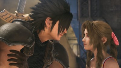 Crisis Core -Final Fantasy VII- Reunion – Screenshot, der Zack Fair in einer Unterhaltung mit Aerith zeigt