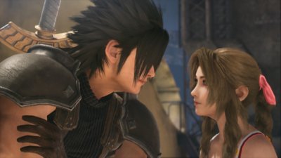 Crisis Core Final Fantasy VII Reunion - screenshot van Zack Fair in gesprek met Aerith