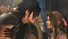 Crisis Core: Final Fantasy VII Reunion képernyőkép, amely Zack Fairt ábrázolja, amint Aerith-hez beszél