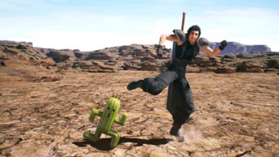 Crisis Core Final Fantasy VII Reunion - screenshot van Zack die danst met een Cactuar