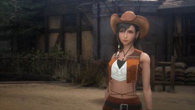 ภาพหน้าจอ Crisis Core Final Fantasy VII Reunion แสดงให้เห็น Tifa ในชุดคาวบอย