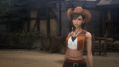 Crisis Core -Final Fantasy VII- Reunion – Screenshot, der Tifa als Cowboy zeigt