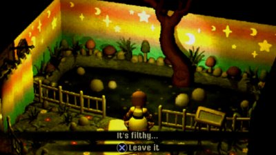 Crow Country screenshot showing Mara Forest in a recreation of a toadstool-filled forest. The caption reads: "It's filthy".