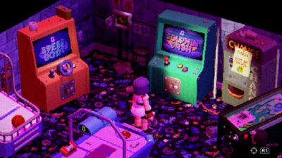 Screenshot van Crow Country met Mara Forest in een fel verlichte arcadehal.