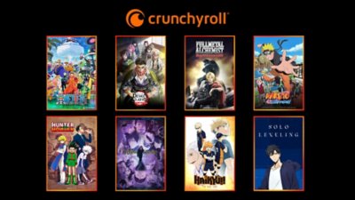 Joukko pikkukuvia useista animeista, kuten One Piece, Demon Slayer, Fullmetal Alchemist, Naruto Shippuden, HunterxHunter, Jujutsu Kaisen, Haikyu: To the Top ja Solo Leveling, ylhäällä Crunchyroll-logo