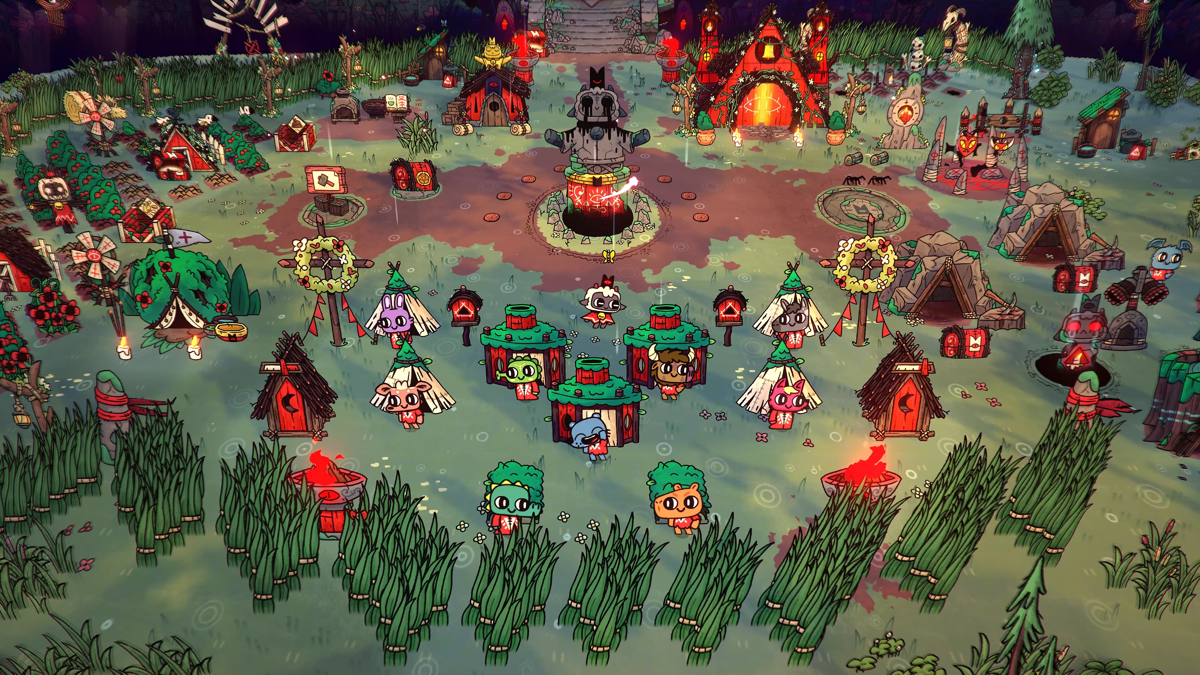 Cult of the Lamb screenshot showing many characters