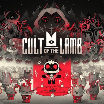 Arte guía de Cult of the Lamb que muestra a personajes animados reunidos alrededor de un cordero de ojos rojos.