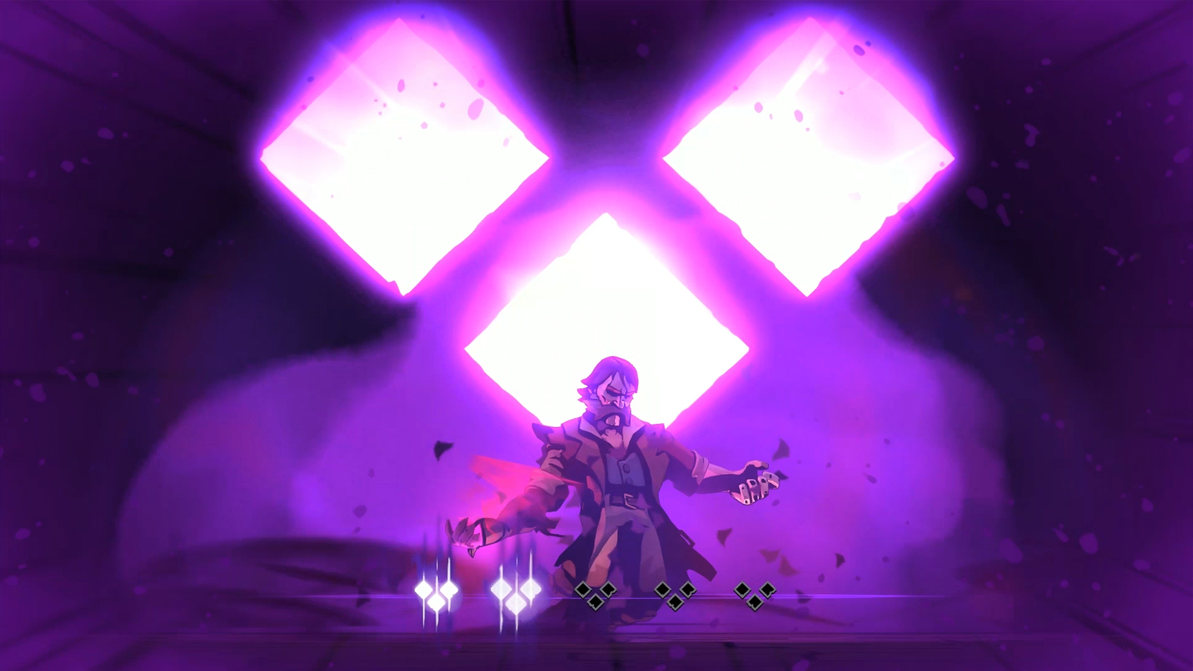 Captura de pantalla de Curse of the Dead Gods con un personaje enfrente de tres diamantes blancos brillantes