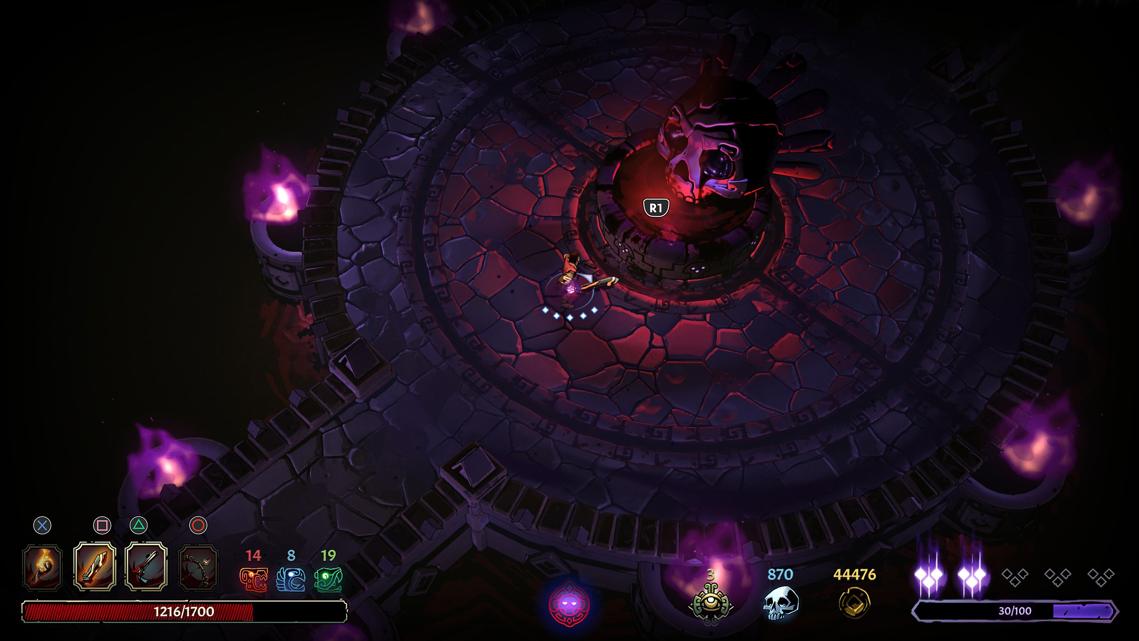 Curse of the Dead Gods – Screenshot, der zeigt, wie das Erkunden funktioniert.