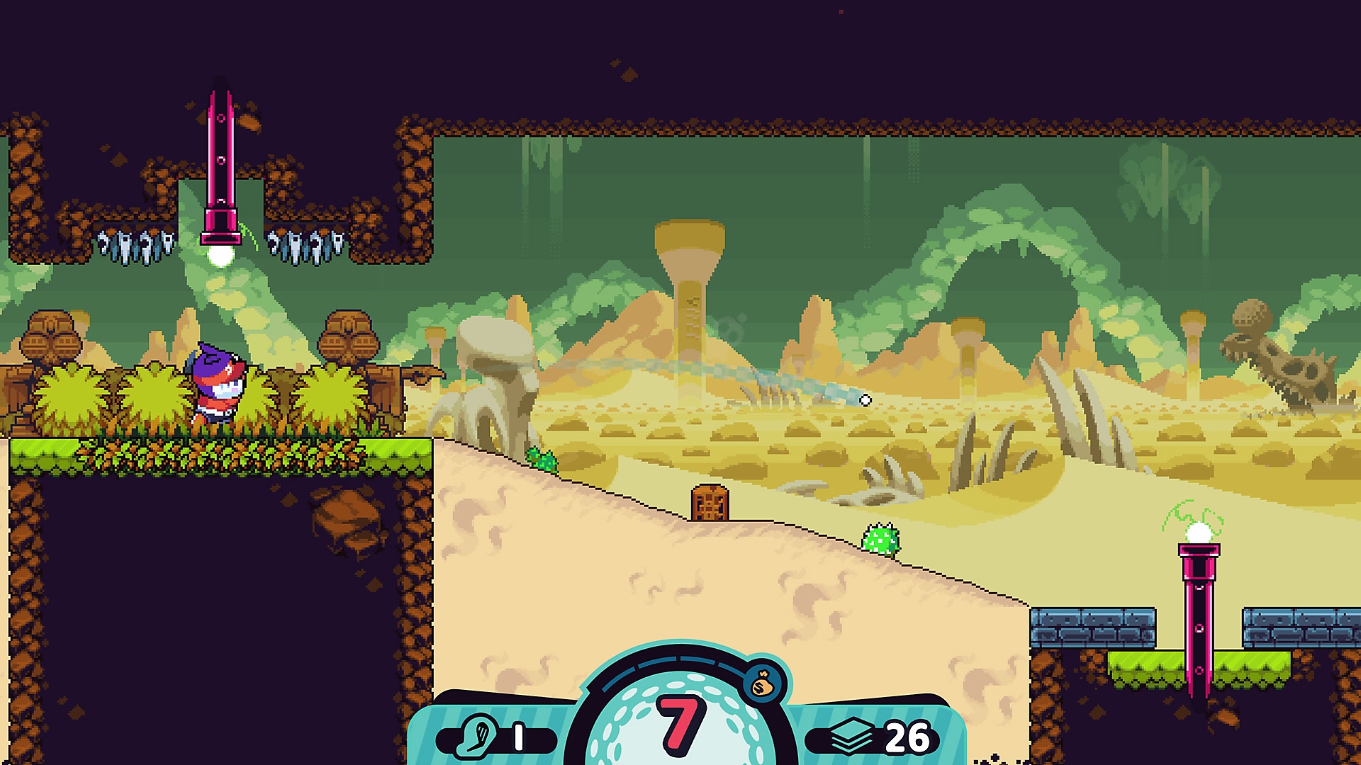 Captura de pantalla de Cursed to Golf que muestra su jugabilidad de golf estilo plataformas