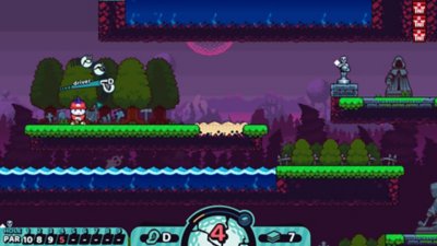 Cursed to Golf – Screenshot von Golf-Gameplay im Plattformer-Stil