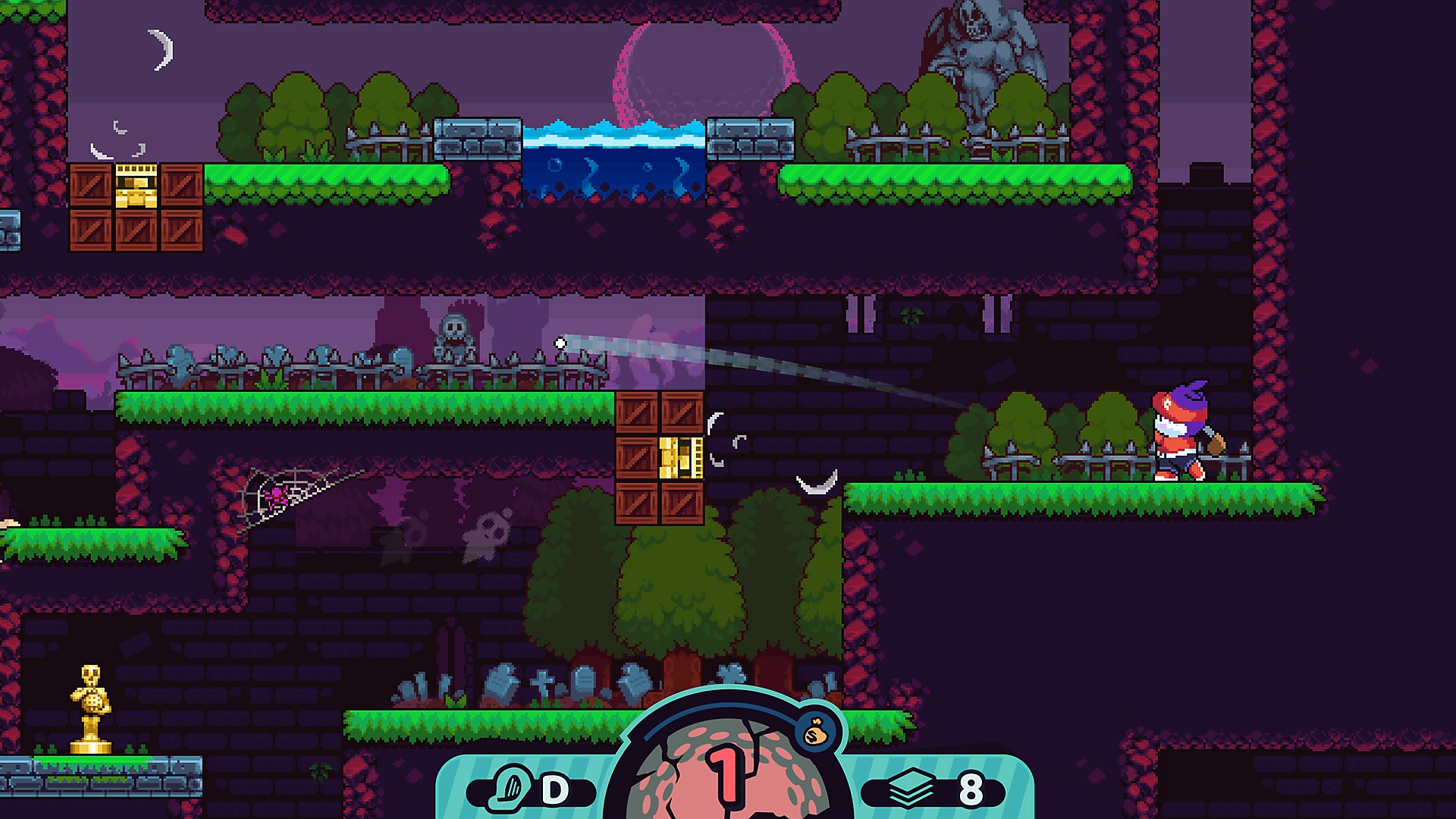 Snímek ze hry Cursed to Golf zobrazující sošku bůžka v levém dolním rohu hrací plochy
