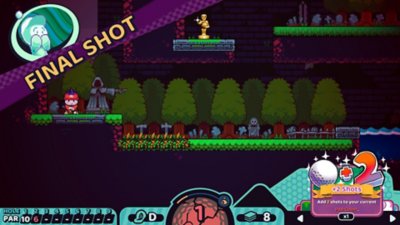 Cursed to Golf – Screenshot von Golf-Gameplay im Plattformer-Stil