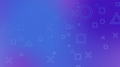 Blaues Banner mit einem Muster aus PlayStation-Formen: Kreise, Quadrate, Dreiecke und Kreuze.
