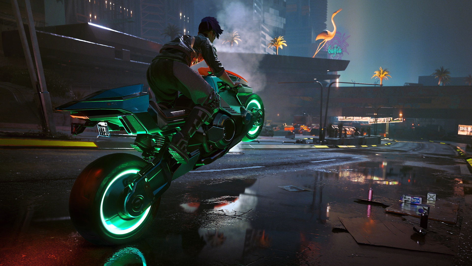 Cyberpunk 2077:‎ Edgerunners، تحديث يعرض شخصية تؤدي حركات بهلوانية بدراجة نارية ذات عجلات خضراء متوهجة