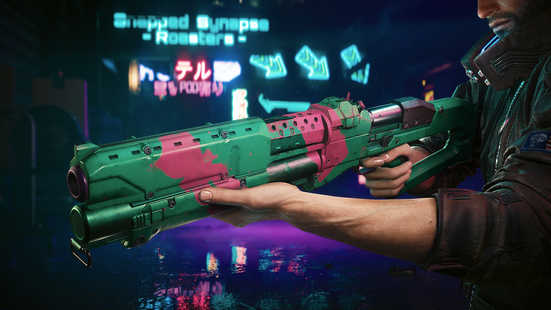 Actualización de Cyberpunk 2077: Edgerunners que muestra un rifle verde y rosa