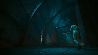 사이버펑크 2077: 팬텀 리버티 스크린샷, 건물 사이를 달리는 캐릭터