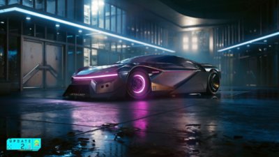 Cyberpunk 2077 screenshot showing a car with purple light up decals