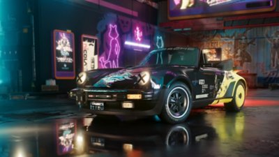 Cyberpunk 2077 – zrzut ekranu z aktualizacji 2.1 przedstawiający samochód sportowy