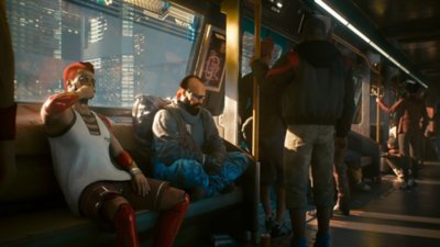 Captura de tela da atualização da versão 2.1 de Cyberpunk 2077 mostrando uma cena num trem