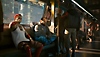 Skærmbillede fra Cyberpunk 2077 version 2.1-opdateringen, der viser en scene på et tog