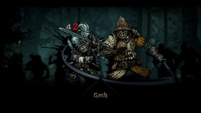 Darkest Dungeon II – Screenshot, der zwei Charaktere in Rüstung beim Schwertkampf zeigt