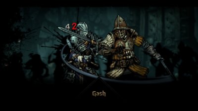 Darkest Dungeon II screenshot showing two characters in armor engaged in sword combat