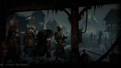 Darkest Dungeon II – Screenshot von einer Gruppe Charaktere, die auf eine bergige Landschaft blicken