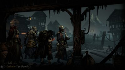 Darkest Dungeon II スクリーンショット 山々が連なる景色を見渡すパーティ